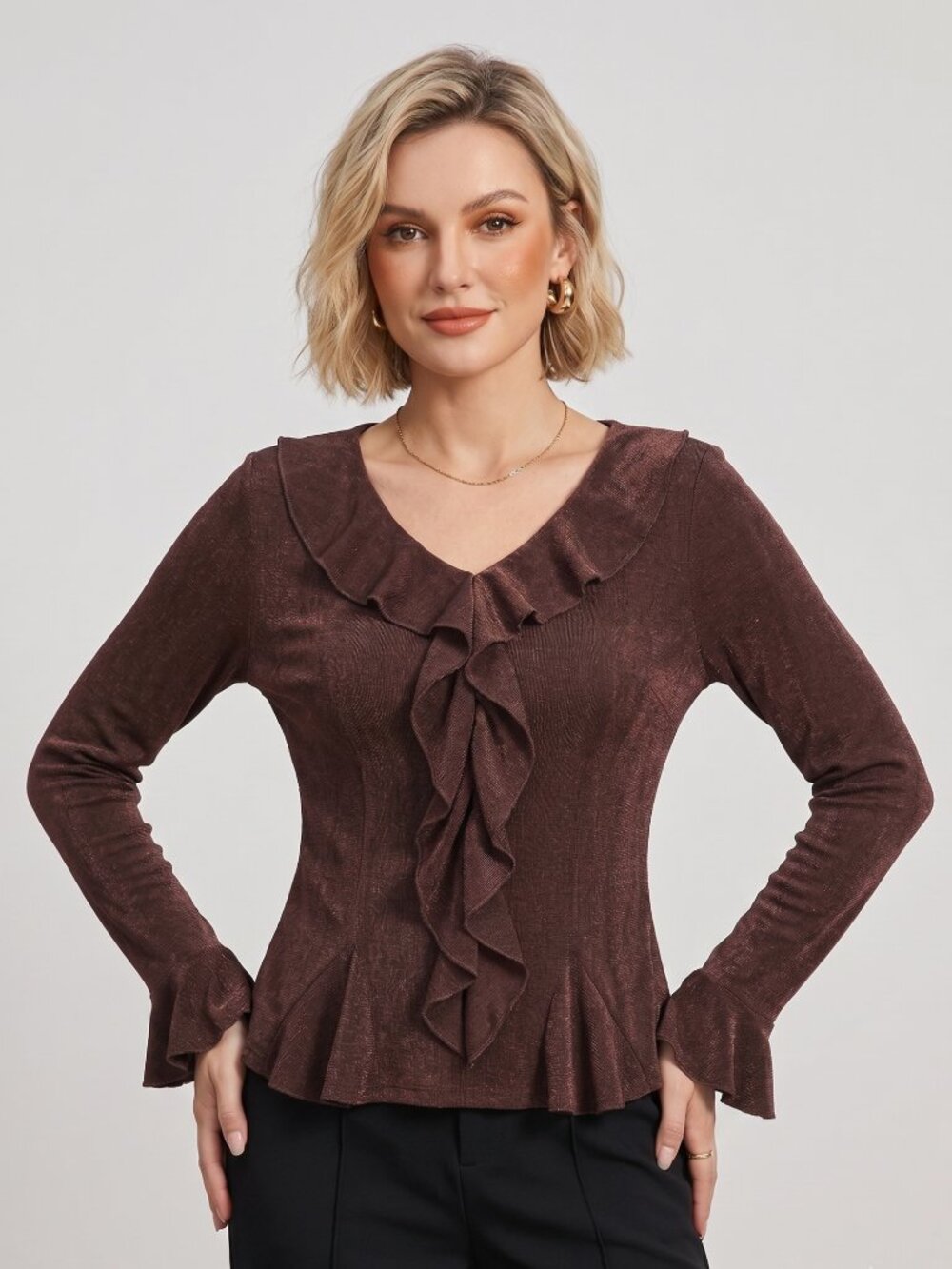 NWT | Meetjen Brown Shimmer Ruffle Front Peplum Top Large